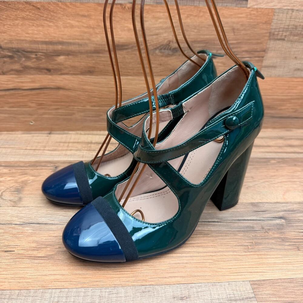 Tory Burch size 6 High Heels Pumps Ankle Strap blue Green Block Heel